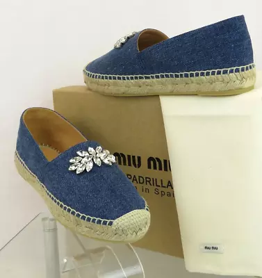 Miu Miu Prada 5s027d Blue Denim Crystals Jeweled Slip On Espadrille Loafers 37 • $345