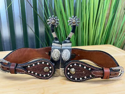 Handmade Silver Mounted Western Spurs (Maker Mark BH) W Beautiful Tooled Straps • $185