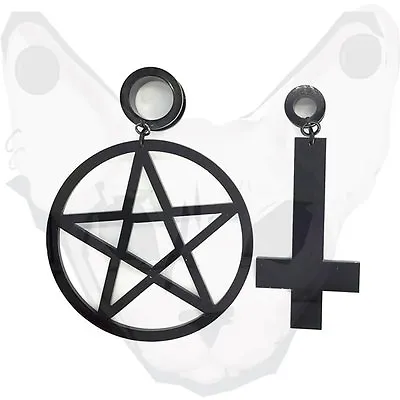 Pair Of Mixed Inverted Cross And Pentagram Goth Pendant Dangle Ear Plug Tunnel • £10