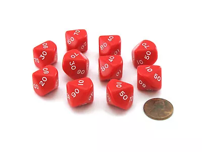 Pack Of 10 Tens D10 (00-90) 16mm Opaque Dice - Red With White Numbers • $3.09