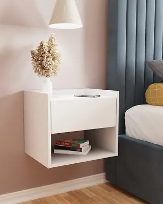 Pair Of Floating Bedside Tables Wall Mounted Cabinets White Bedroom • £74.99