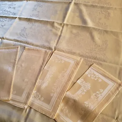 Gold Vintage Damask Tablecloth Plus 4 Napkins 48  By 48  Never Used • $12.50