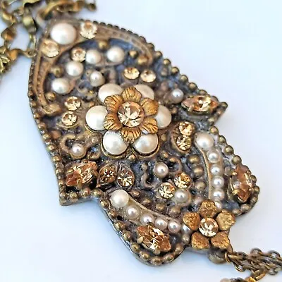 Michal Negrin Hamsa Pendant Necklace Long Large Pearls Swarovski & Crystals Gift • $95.20