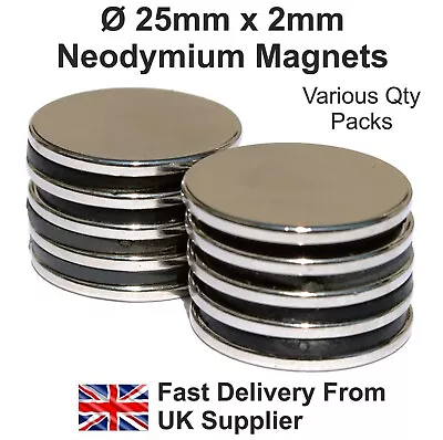 Strong Magnets 25mm X 2mm 3.25Kg Pull Neodymium Magnets Disc Neo DIY Craft • £46.49