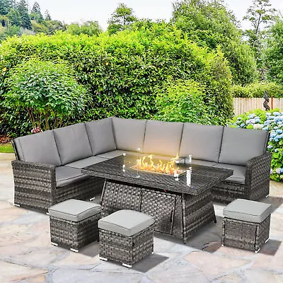 7 Pieces Rattan Garden Furniture Set W/ 50000 BTU Gas Fire Pit Table Grey • £1101.99