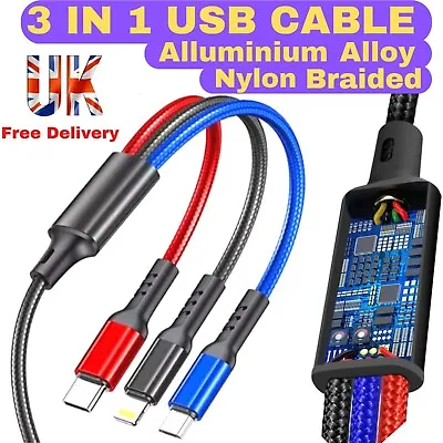 3 IN 1 Multi USB-C Fast Charger Cable Type-C Charging For IPhone Samsung Micro • £3.79