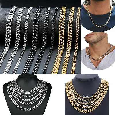 £4.95 • Buy Men Women Chain Silver Gold Black Stainless Steel Cuban Link Pendant Necklace