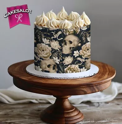 Skulls And Flowers Gothic Black Edible Print A4 Icing Sheet Cake Wrap Decorating • £6.49