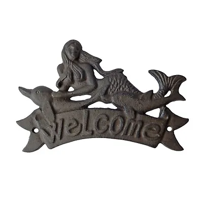 Rustic Cast Iron Mermaid Dolphins Welcome Plaque Sign Nautical Decor Heavy Duty • $23.95