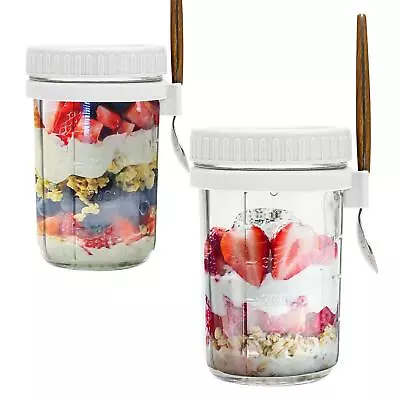 2 X Glass Mason Jars Preserving Overnight Oats Container Cereal Milk White • £8.95