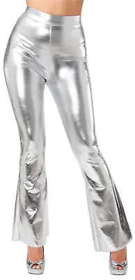 Retro Flares Silver Trousers 1970s Ladies Fancy Dress Flared Trousers 70s Adults • £12.99