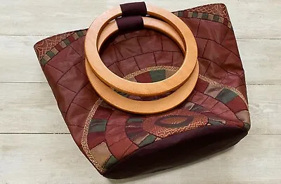 Japanese Kimono Obi Hand Bag Vintage Silk Fabric Circle Wood Handle Dark Red • £43.51