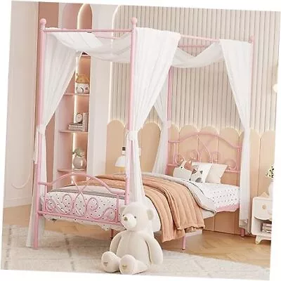  Princess Canopy Bed Frame With 4 Posters Sturdy Metal Twin Refined Pink • £184.06