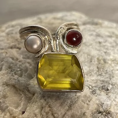 Vintage Sterling Silver 925 Citrine Garnet Pearl 3 Stone Ring Size 7.5 • $24.99