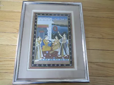 Indian Mughal King Tea Ceremony With Queen Miniature Gouache Framed Painting • $550