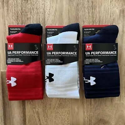 Under Armour UA Performance Soccer Socks OTC Youth Size Large YLG Blue Red White • $13.45