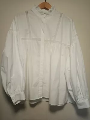 ZARA White Cotton Balloon Sleeve Victorian Blouse Xxl Poplin • £19.99