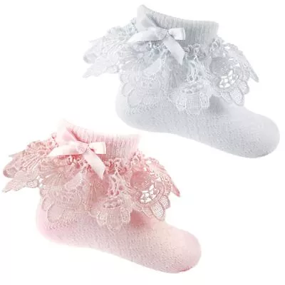 Baby Girl Frilly Socks Ankle DEEP LACE Bow Sequin  • £3.79