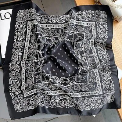 100% Silk 27  Square Scarf Women Neckerchief Bandana Vintage Blakc White Paisley • $13.72