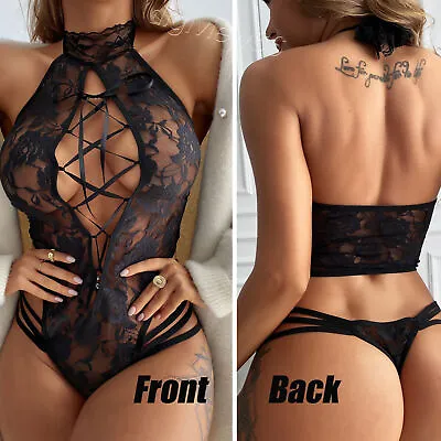 Women Ladies Fishnet Bodysuit Set Sexy Lace Up Lingerie Thong Babydoll Underwear • £3.87