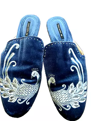 ZARA Basic Peacock Embroidered Print Blue Velvet Slip On Loafers Size 38 • $16