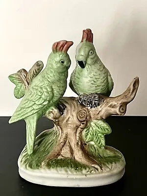 Vintage Porcelain 2 Green Cockatoos Perched On A Branch Figurine • $12.90