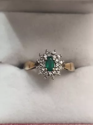 9ct Yellow Gold Diamond And Emerald Cluster Ring Size N • £180