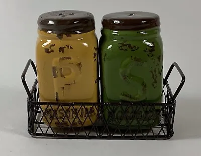 Mason Jar Salt & Pepper Shakers With Wire Tray Green & Yellow • $14.95