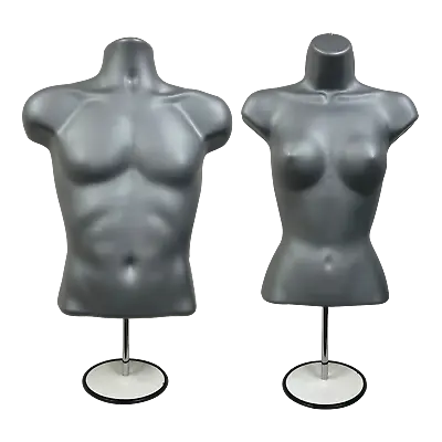 Male + Female Mannequin Torsos GREY (SILVER) + 2 Stands + 2 Hooks For Hanging  • $79.85