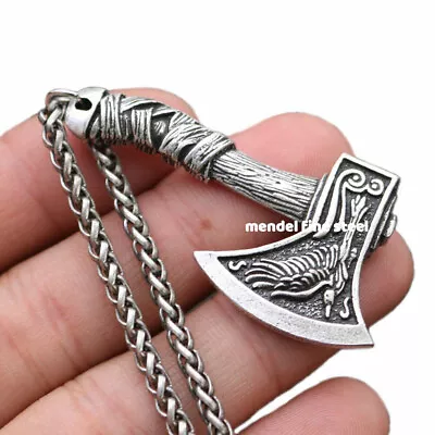 MENDEL Mens Nordic Norse Viking Raven Axe Wolf Pendant Necklace For Men Chain • $9.99