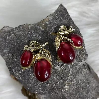 Vintage Lisner Red Cab Cherry Grape Lucite Clip-on Earrings Gold Tone • $17