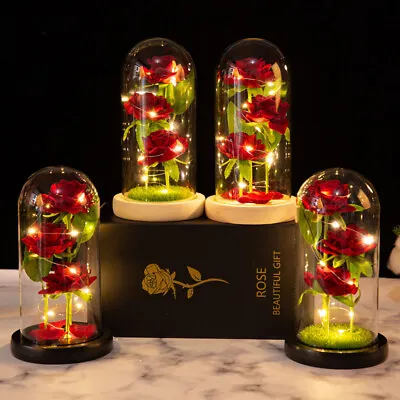 Rose In Glass Dome Eternal Forever Flower LED Light Up Valentine Wedding Gift AU • $17.81