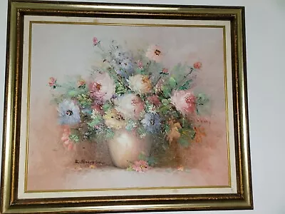 K. HOUSTON VINTAGE SIGNED OIL PAINTING CANVAS FLORAL STILL LIFE FLOWERS 23 X 36  • $19.84