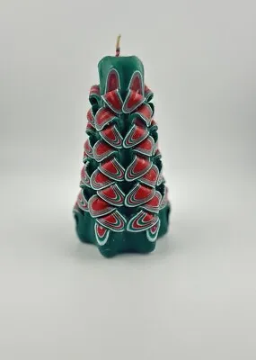 Vintage 1980s Jasco Christmas Tree Carved  Ribbon Style Candle 5” Green Red • $8.97