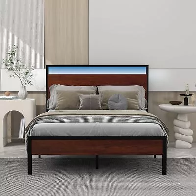 Full Size Modern Bed Frame: LED Light Headboard & Footboard No Box Spring • $223.26