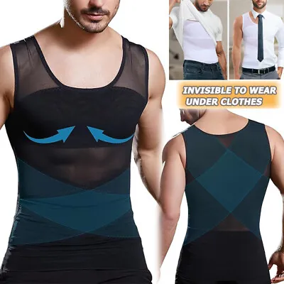 Men's Slimming Shirt Body Shaper Vest Hide Boobs Moobs Chest Belly Waist Trainer • £13.69