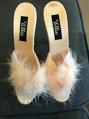 Unworn Ellie Shoes SASHA 5” Clear  Heel Marabou Feather Slippers  Sz 10 Pink • $18