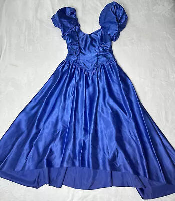 VTG 80s JCPenny BLUE Satin Prom Dress Off Shoulder Puff Sleeve Drop Waist 13/14 • $69.99