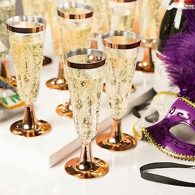 £6.75 • Buy 4 X Plastic Wine Champagne Glasses Flute Tulip Disposable Rose Gold Party Rimmed