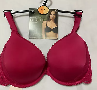 Ex M&S PERFECT FIT UNDERWIRED PLUNGE PUSH UP Bra With MEMORY FOAM CHERRY RED 32E • £12.99