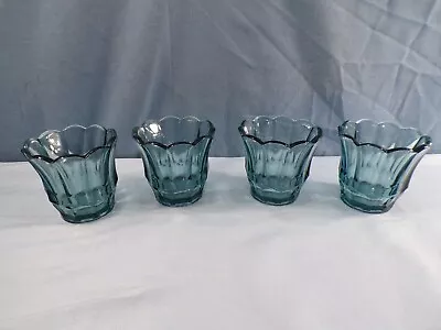Lot Of 4 Blue Glass Votive Candle Holders W/ Flared Ribbed Design • $10