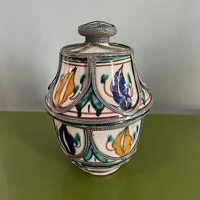 Vintage Moroccan Ceramic Jar Vase Urn W/ Lid Hand Painted W/ Silver Filigree 6” • $90.35