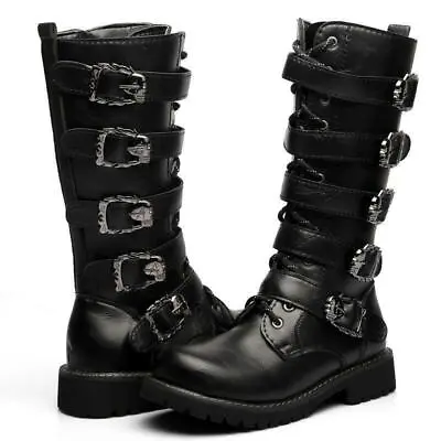 Mens Steampunk Leather Combat Boots Knee High Army Military Shoes Buckle Gothic • £57.19