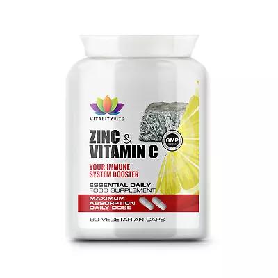 Vitamin C + Zinc Capsules - Immune Support - Cold & Flu - High Strength Tablets • £7.99