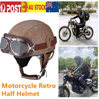 Vintage Motorcycle Retro Half Helmet Scooter Bike Cruiser W/ Goggles Leather  • $94