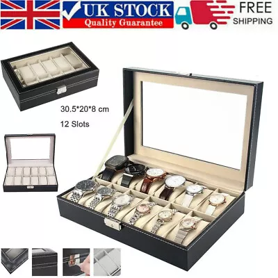 12 Slots Mens Watch Box Leather Display Case Jewellery Storage Organiser Holder • £12.59