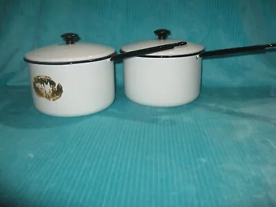 Set 2 Vollrath 2 1/2 Quart Enamel Sauce Pan Pot White Black Trim • $14.99