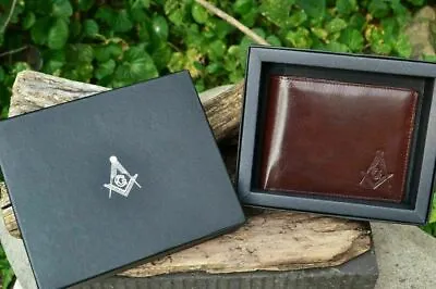 Masonic Brown Leather Bi-Fold Wallet - Mason - Embossed Square And Compasses NEW • $16.99