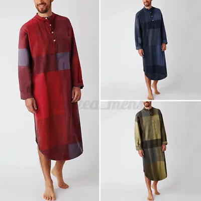US STOCK Mens Long Sleeve Cotton Nightshirt Kaftan Dressing Gown Nightwear Robe • $21.42