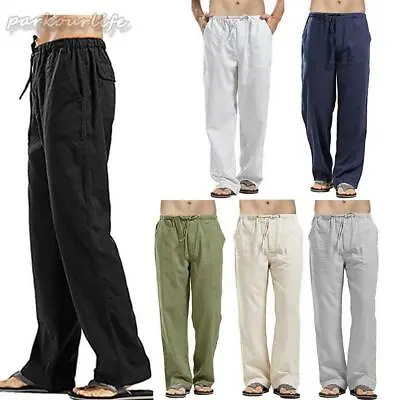 Summer Mens Casual Linen Baggy Pants Soft Cotton Trousers Elastic Waist Loose UK • £11.89